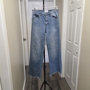 Duer Saige Wide Leg Jeans Cotton Blend High Rise Raw Hem Blue Denim